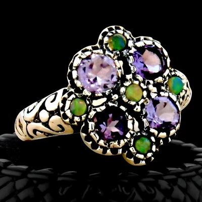 GENUINE AMETHYST & GREEN LAB CREATED OPAL 925 STERLING SILVER FLOWER RING   #003 - Image 1 of 4