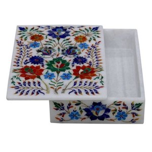 Weißer Marmor Schmuckkästchen Semi Precious Inlay Steine Kunst Arbeit Wohndeko /