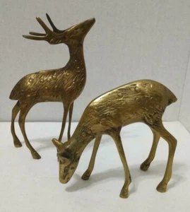 Juego de 2 figuras de ciervo manchado de latón vintage de 2 Buck & Doe 6,5"" 4,5"" MCM - Imagen 1 de 7