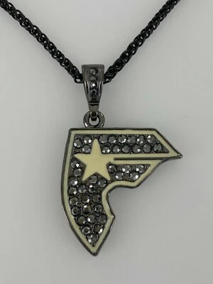 GUNMTAL COLOR FAMOUS STARS & STRAPS CZ PENDANT + 18" STAINLESS STEEL NECKLACE - Image 1 of 3