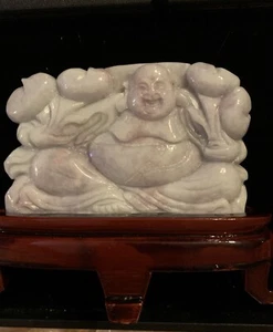 Antique/Vintage Carved Pretty Purple Jadeite/Jade Buddha With Wood Stand! - Picture 1 of 12