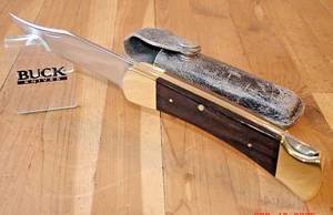 VINTAGE 1967 BUCK KNIFE 110 HUNTER 440C BLADE EBONY WOOD HANDLES LEATHER SHEATH - Picture 1 of 23
