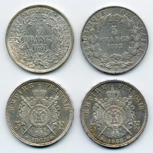 LOT of 4 Coins - 1851, 1852, 1867, 1868 France 5 Francs - Fine to AU - Picture 1 of 2