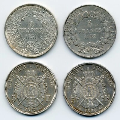 LOT of 4 Coins - 1851, 1852, 1867, 1868 France 5 Francs - Fine to AU - Image 1 of 2