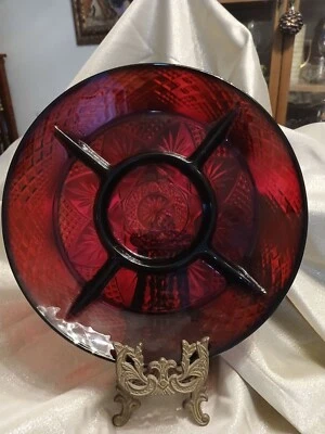 Vintage Cristal D'Arque Ruby Red Glass Divided Holiday Party Snack Tray Platter - Image 1 of 4