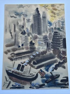 GEORGE GROSZ PAINTING LITHOGRAPH WPA AMERICAN REGIONALISM CITYSCAPE FLAG BOATS - Picture 1 of 24