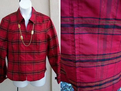 Coldwater Creek Satinado Rojo Negro Dorado Camisa Top Talla XL VACACIONES DE NAVIDAD Blusa a Cuadros Foto 1 de 4