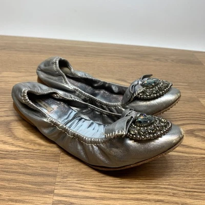 Miu Miu Camoscio Metallic Silver Crystal Studded Scrunch Ballet Flats Sz 38.5 - Image 1 of 4