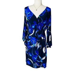 Abito LAUREN RALPH LAUREN finto avvolgente floreale manica a campana jersey elasticizzato blu TG 14 - Foto 1 di 6