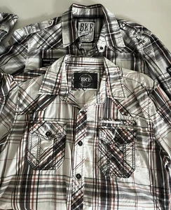 2 BKE Buckle Vtg Pearl Snap Button Shirt Men L Plaid Western Cowboy Thick Stitch - Picture 1 of 10