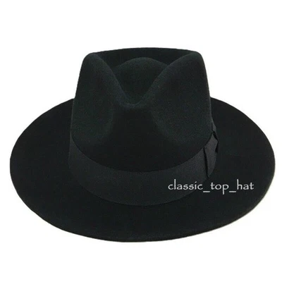 Gents Black Wide Brim Fedora Hat 100% Wool Hand Made Felt Trilby With Band - Image 1 of 4