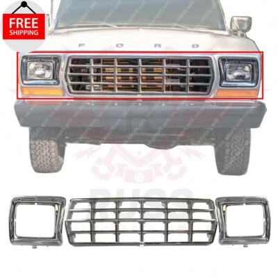 New Front Grille Headlight Door Chrome Set of 3 Fits 1978-1979 Ford F-150 Bronco - Image 1 of 4