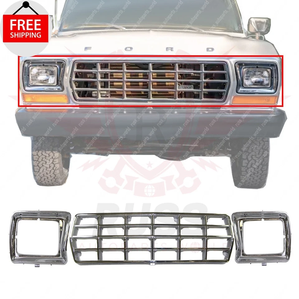 New Front Grille Headlight Door Chrome Set of 3 Fits 1978-1979 Ford F-150 Bronco Foto 1 de 4