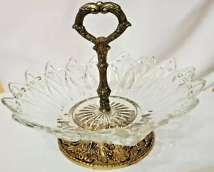 regency silversmith brass pedestal glass bowl center piece w/ brass serving hand - Picture 1 of 5