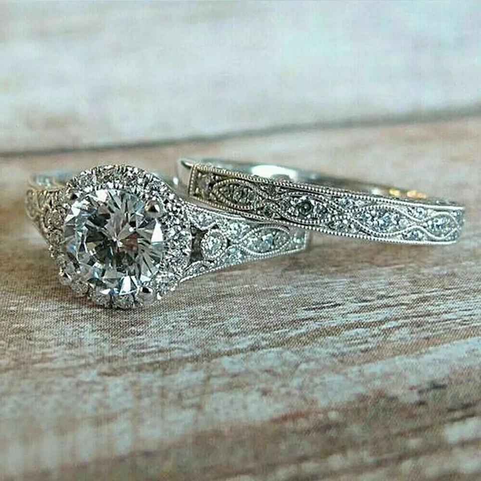 Antique Art Deco Round Lab Created Diamond 925 Silver Engagement Bridal Ring Set - Image 1 of 4