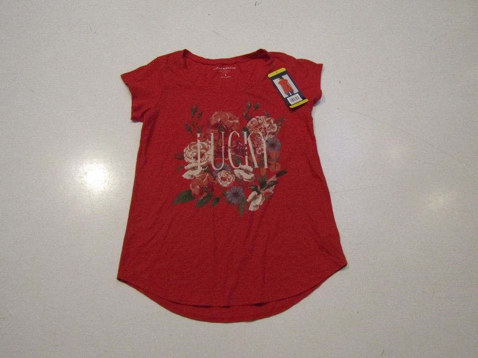 Lucky BRAND Graphic Tee T-shirt Women Ladies Small Flowers Floral Red High Risk
