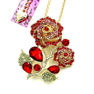Betsey Johnson Crystal Red Roses Gold Pendant Necklace Brooch Free Gift Bag - Picture 1 of 4