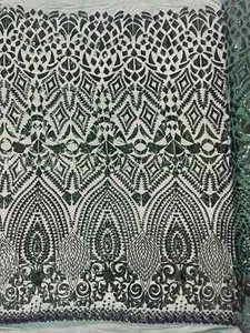 Geometric Design Fabric - Hunter Green 4 Way Stretch Embroidered Sequins By Yard - Picture 1 of 4