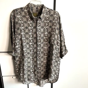 Evergreen 100% Linen Hawaiian Shirt VTG Mens XL Brown Geometric Tropical Cruise - Picture 1 of 11