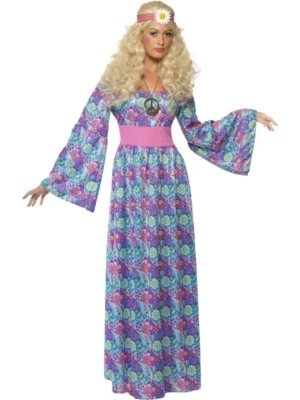 Maxi Vestido Años 60-70 Bl/Pk Floral Imperio Cintura Campana Mangas Groovy Disfraz Foto 1 de 3