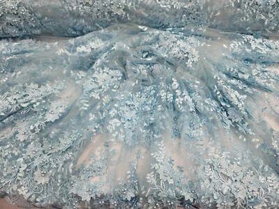 Favric by The Yard Sky Blue 3d Floral Lace Embroidery Pearls On Mesh For Quincea - Image 1 of 4