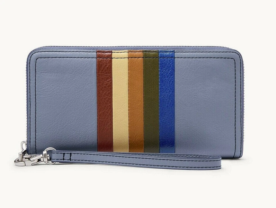 Fossil RFID Logan Leather Wallet Zip Around Wristlet Light Lilac Stripe