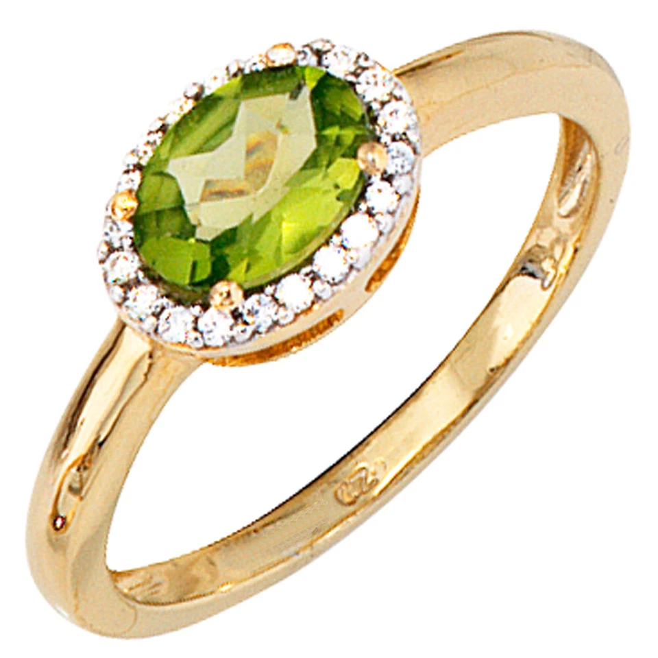 Damen Ring Diamanten grüner Peridot 585 Gelbgold 14 Kt Cocktail Diamantring neu - Bild 1 von 1