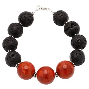 Pulsera De Coral Espuma De Coral, Lava Con Poros, 925 Plata, Negro Rojo - Imagen 1 de 3