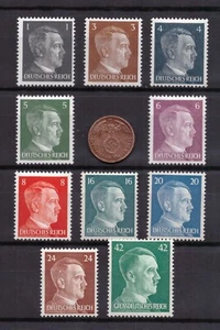 Third Reich Hitler Heat 10 Stamps MNH from 781-798 and 1 Reichspfennig Coin - Picture 1 of 1