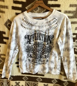 Women’s  AFFLICTION Live Fast Tie Dye Jeweled Crosses Sweatshirt Size M - Picture 1 of 9