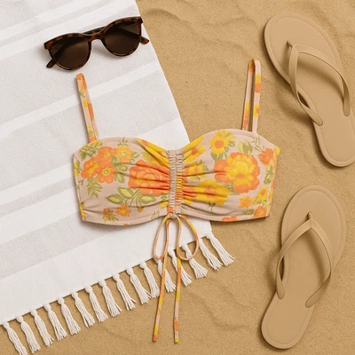 Top de bikini acolchado bandeau floral naranja amarillo beige talla M de Aerie para mujer Foto 1 de 4