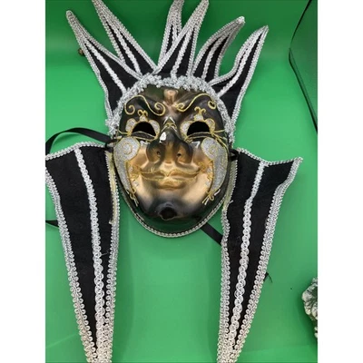 READ Venetian Jester Mask Papier-mache Wall Decor Black Silver, Gold Bells 22” - Image 1 of 4