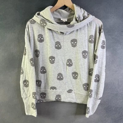 Grauer Totenkopf Print Pullover Pulli Damen M Halloween kuschelig Wasserfallausschnitt Langarm - Bild 1 von 4