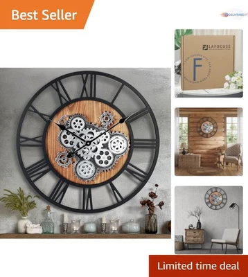 23 Inch Wooden Wall Clock Real Moving Gears Antique Decor Living Room - Image 1 of 4
