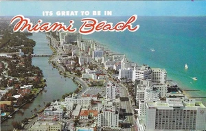 Vintage Florida Chrome Postcard Miami Beach It's Great To Be In Hotels Aerial - Imagen 1 de 2