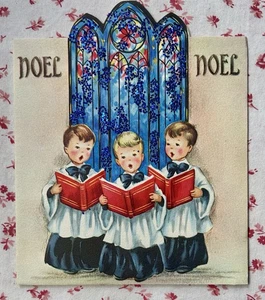Vintage MCM UNUSED Glittered Christmas Choir Boys Stained Glass Greeting Card - Picture 1 of 7