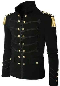 Men Handmade Black Embroidery Black Military Napoleon Hook Jacket 100% Cotton - Picture 1 of 3