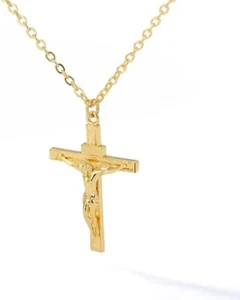 Christ Crucifix Chain Pendant Stainless Steel Gold Color Jewelry Baptism Prayer - Picture 1 of 8