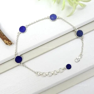 Natural Lapislázuli Plata Maciza de Ley Cadena Septiembre Esposa Pulsera Joyería - Imagen 1 de 8