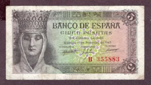 SPANIEN 5 PESETAS Banknote 1943 S/N B355883 Zustand III VF BB / WPM 127a - Bild 1 von 2