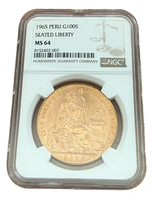 Perú 1965 Oro 100 Soles NGC MS64 Libertad Sentada - Imagen 1 de 2