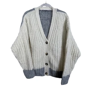 Zara Chunky Cardigan Sweater Wool Alpaca Blend Colorblock Ivory Gray Size M - Picture 1 of 4