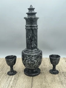Vintage Onyx Marble Decanter Etched Floral Design With Two Mini Goblets - Picture 1 of 8