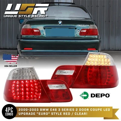 No Error DEPO 4 Pieces Red/Clear LED Tail Light For 2000-03 BMW E46 2 Door Coupe Foto 1 de 4