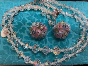 VTG 1950'S AB CRYSTAL NECKLACE & EARRINGS - COSTUME JEWELRY - Picture 1 of 7