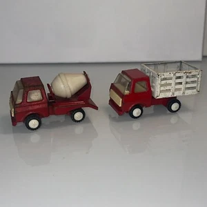 VINTAGE TOY TRUCKS METAL PLASTIC Red CONSTRUCTION CEMENT MIXER AND HAULER JAPAN - Picture 1 of 13