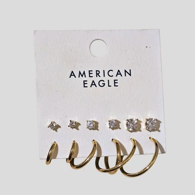 American Eagle 6 Pair Earring Set Gold Tone Rhinestone Studs & Hoops Modern - Image 1 of 3