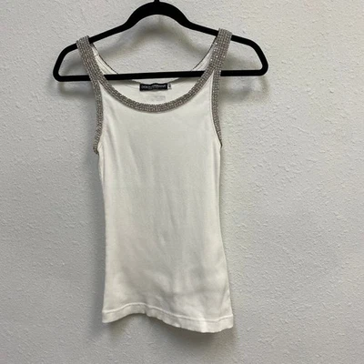 Dolce & Gabbana Raro Y2K Acanalado Blanco Tanque con Borde de Cristal, Talla EU 40 Foto 1 de 4