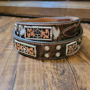 Ranger Belt Hand Tooled Leather Cross CowHide Embellished Stars Belt WB3132 38 - Picture 1 of 15