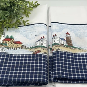 Coastal Lighthouse Cafe Curtain Set 2 Nautical Seaside Blue Check Ocean Cottage - Picture 1 of 22